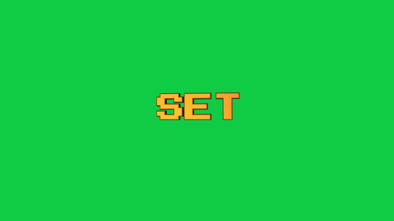 3D pixel "Ready Set Go" text flies in, tilts and exits right on a green screen loop