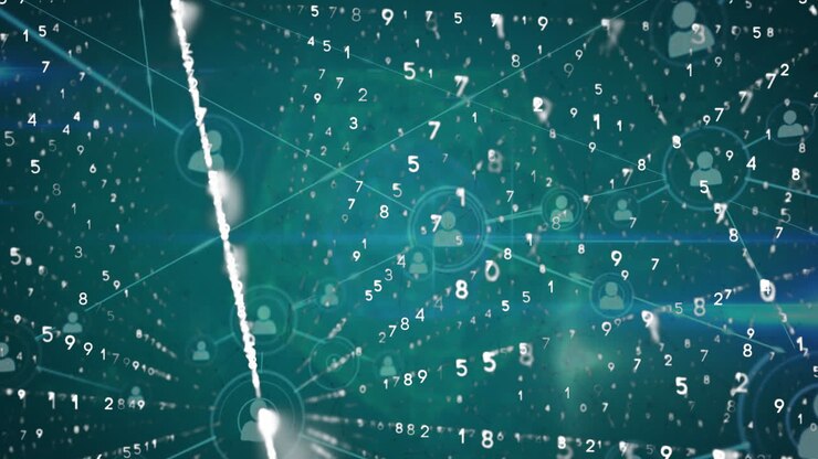 Animation of network of profile icons, binary coding and light spot against blue background