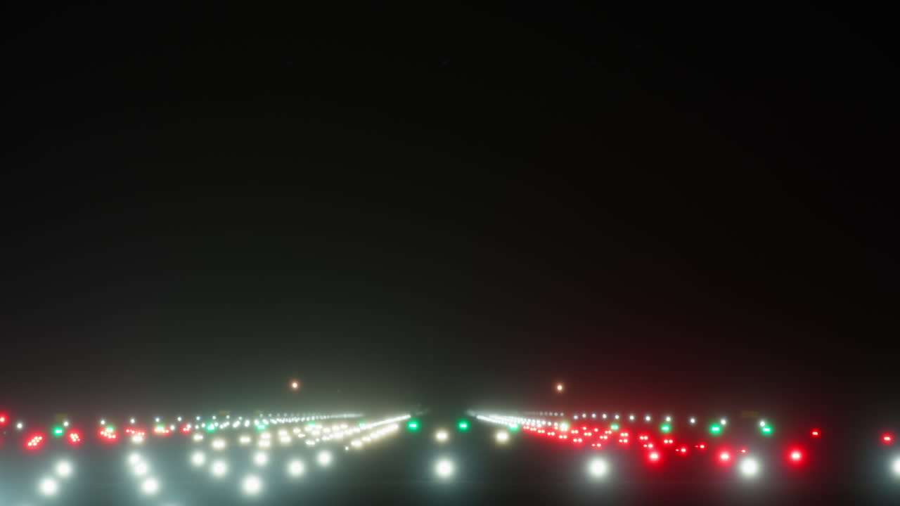 Airplane Landing on Illuminated Airport Runway at Night