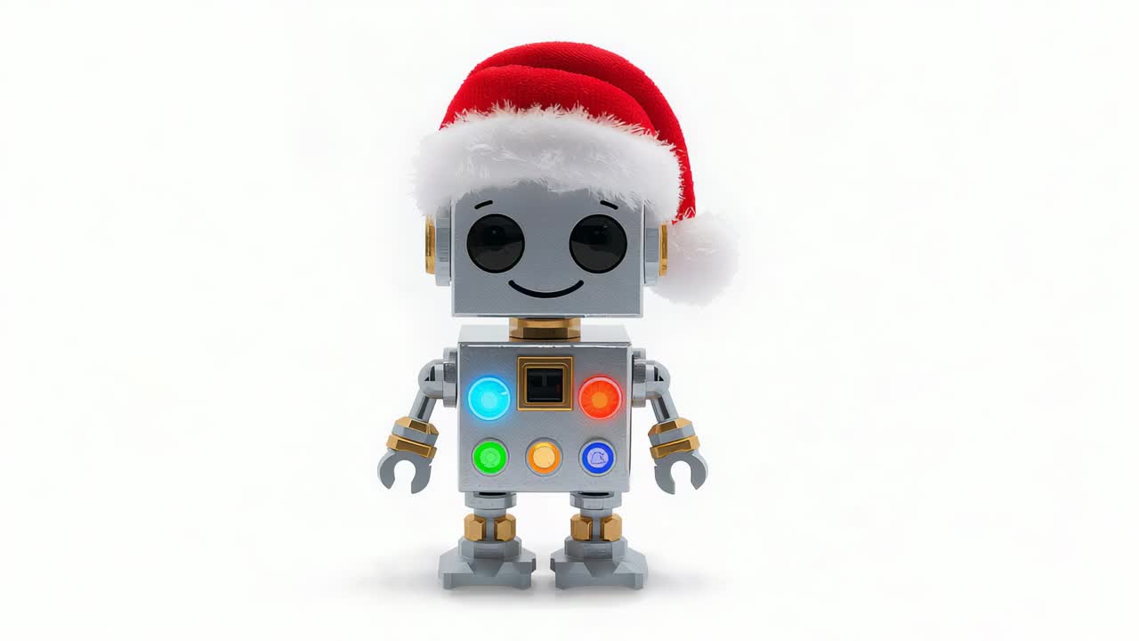 Robot giocattolo funzionante con cappello da Babbo Natale rosso in bicicletta, occhi LED su sfondo bianco e pulsanti sul busto