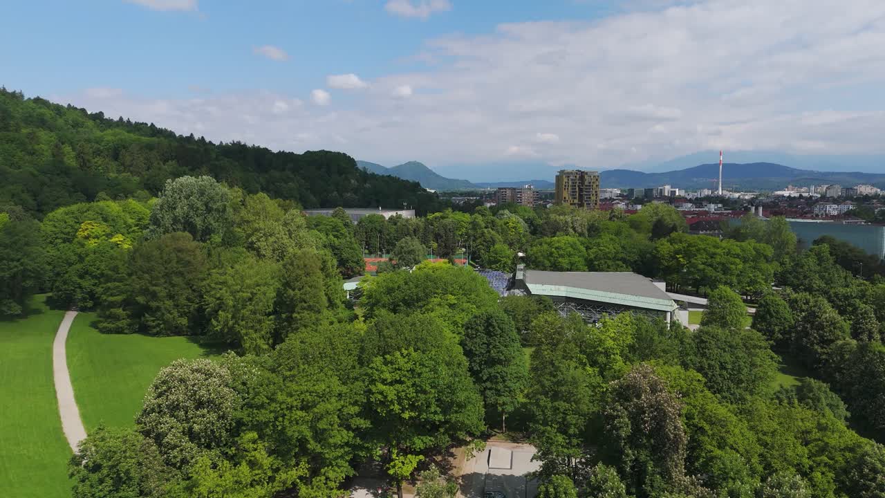 Drone ascent Park Tivoli Ljubljana center
