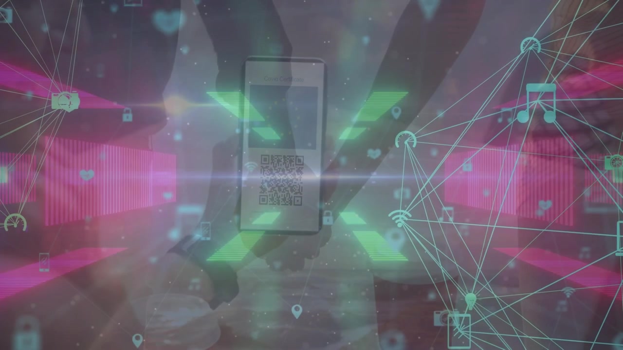 Animazione di connessioni e luci al neon sulla mano di una donna con smartphone e passaporto COVID.