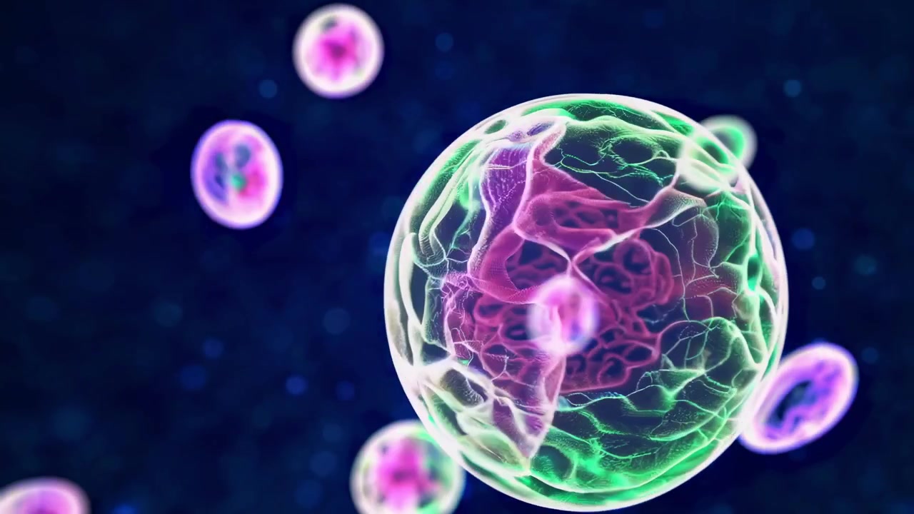 Células microscópicas vibrantes flotando y dividiéndose en un fluido