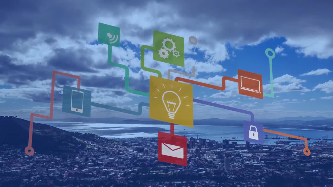 도시 풍경과 해양 풍경 위의 기술 아이콘의 애니메이션