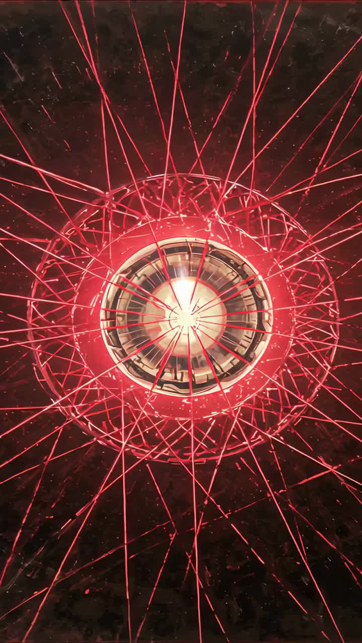 Vertical video: Pulsing on power, round room ceiling light glowing with bulb and red rays