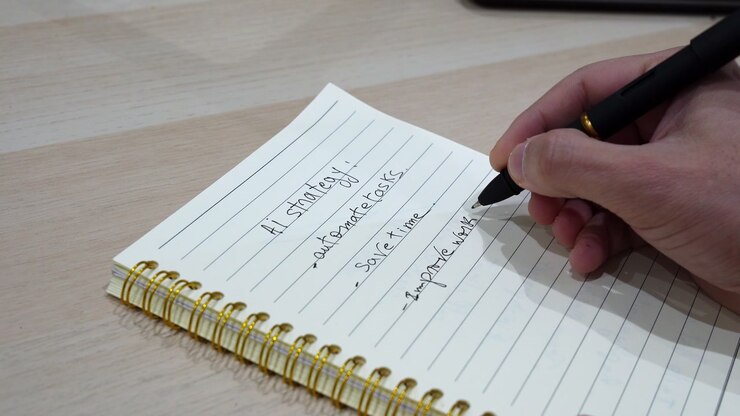 Close-up of a person's hand using a black pen to write an AI business strategy on a spiral notebook. The indoor workspace features a wooden desk and a blurred computer keyboard in the background.