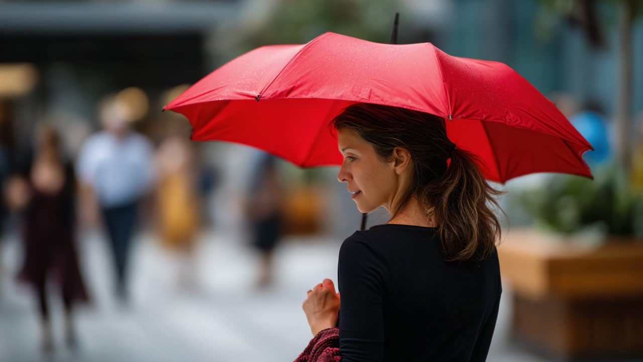 A woman holding a vibrant red umbrella stands amidst a blurred crowd, showcasing a moment of contemplation in a busy urban environment