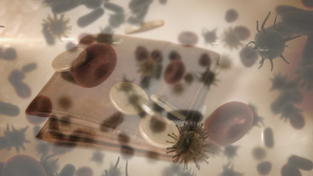 анимация макро-ковида-19 и кровяных клеток, плавающих над монетами, падающими на кошелек.