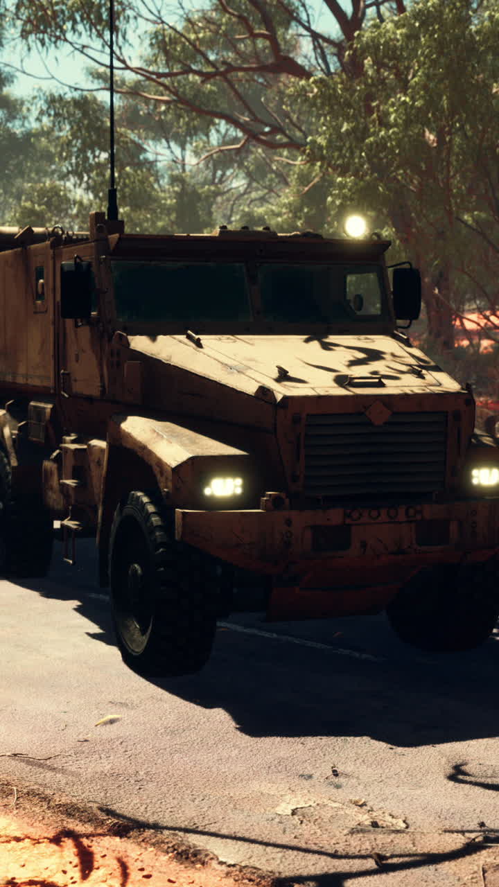 vehículo blindado militar conduciendo en un camino de tierra