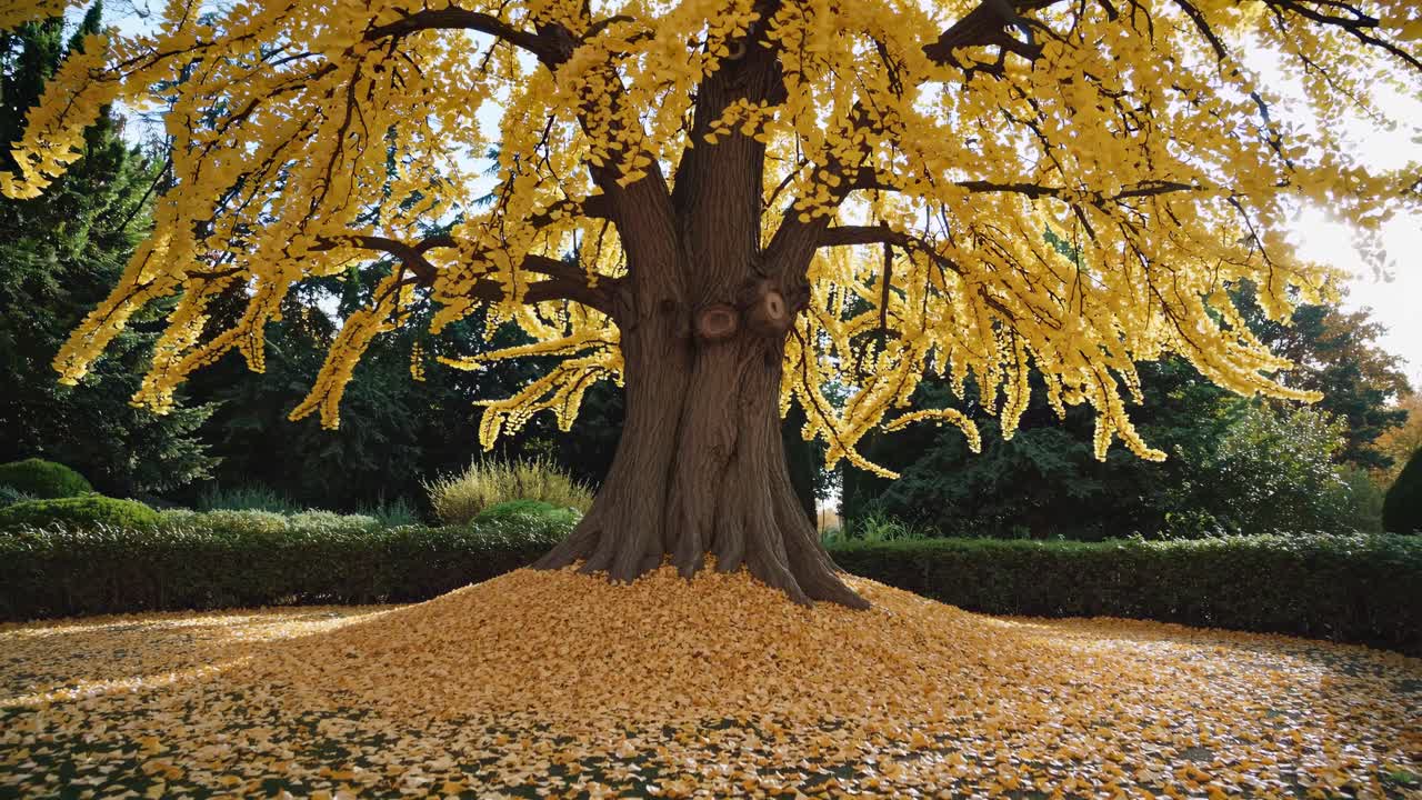 A majestic tree with golden leaves captured from a low angle, showcasing its grandeur
