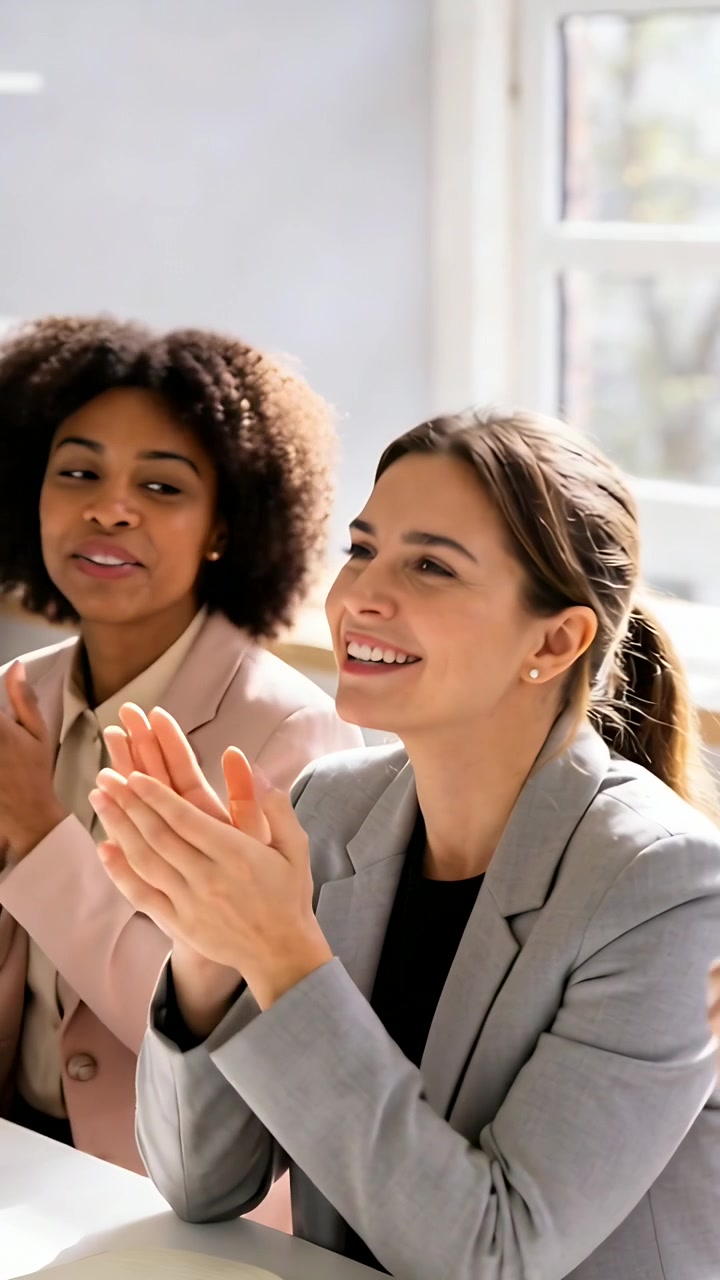 Vertical video: Clapping women in blazers glancing, laughing as talk ends at office table by window
