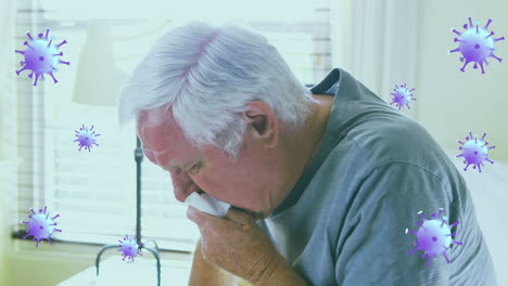 animación de la célula del virus sobre un hombre caucásico anciano enfermo con nariz que corre