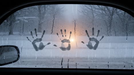 frosty handprints on a car window: a winter scene capturing the beauty of cold weather and human touch against a blurry backdrop of snowy landscapes