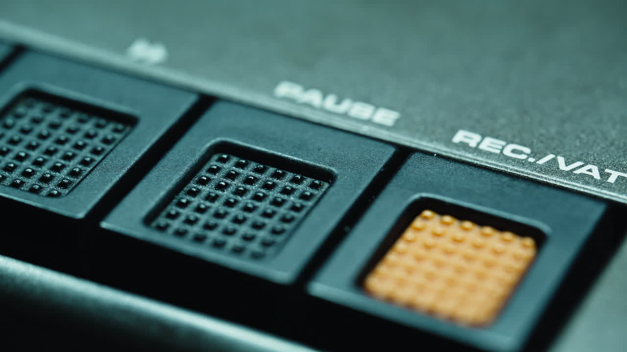 Macro view sound device interface located inside sound room. Play pause controls