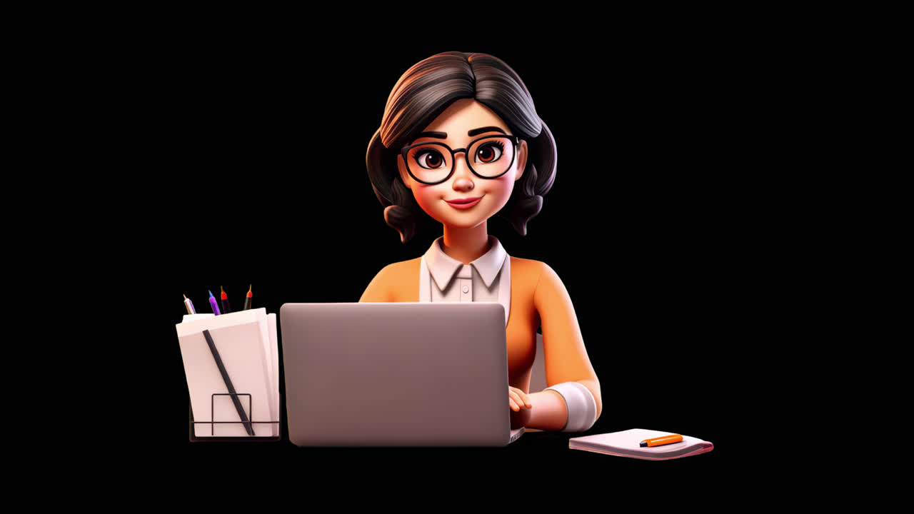 Woman working on laptop, 3d character animation isolated asset ...