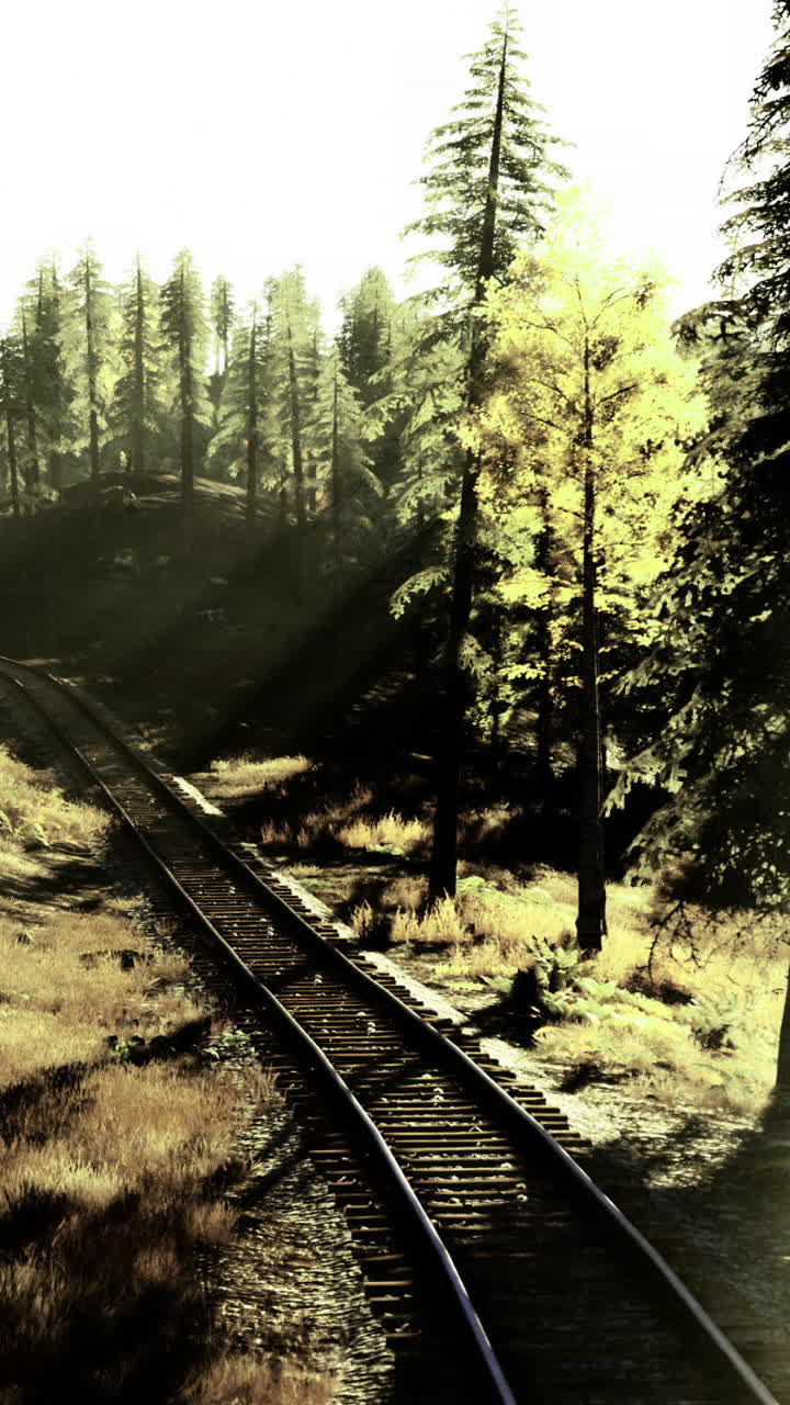 Scenic railway track winding through a sunlit forest in autumn