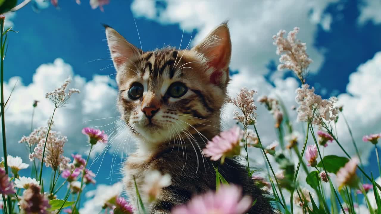 Low-angle shot of a kitten in a field of flowers under a blue sky with clouds, creating a whimsical