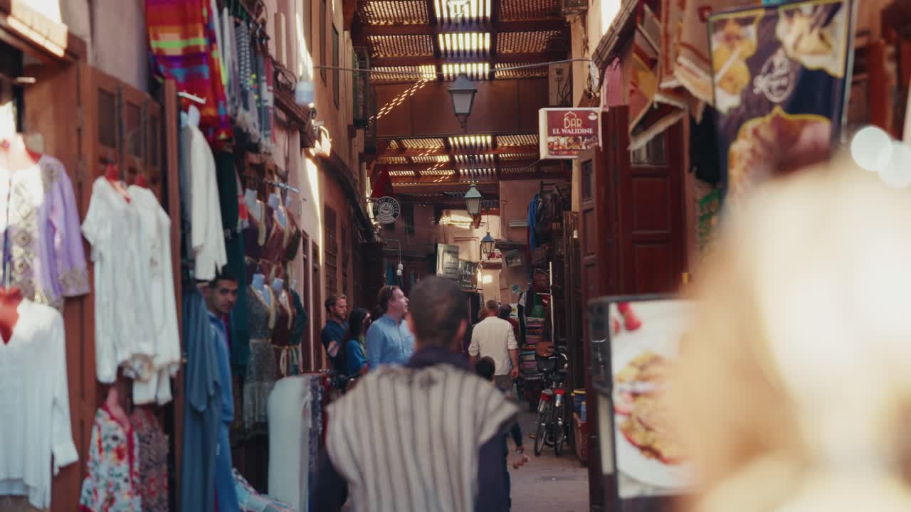 Close up shot of the souks markets in the Medina old town in Marrakesh, Morocco.