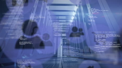 animación del procesamiento de datos y los iconos de los medios en la sala del servidor