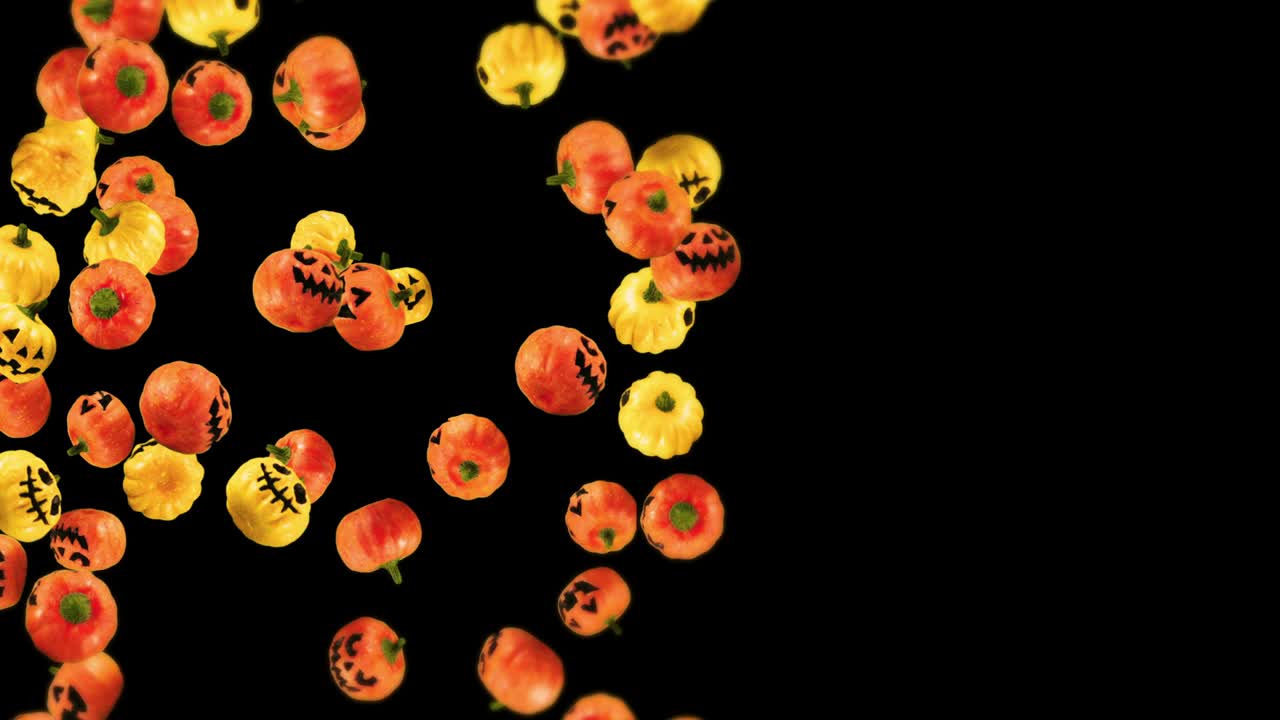 흑색 배경에 많은 오렌지색과 노란색 호박을 날아다니며, 미소와 함께 만화 얼굴, 할로윈 휴가에 대한 3d 애니메이션, 루프 애니메이션.