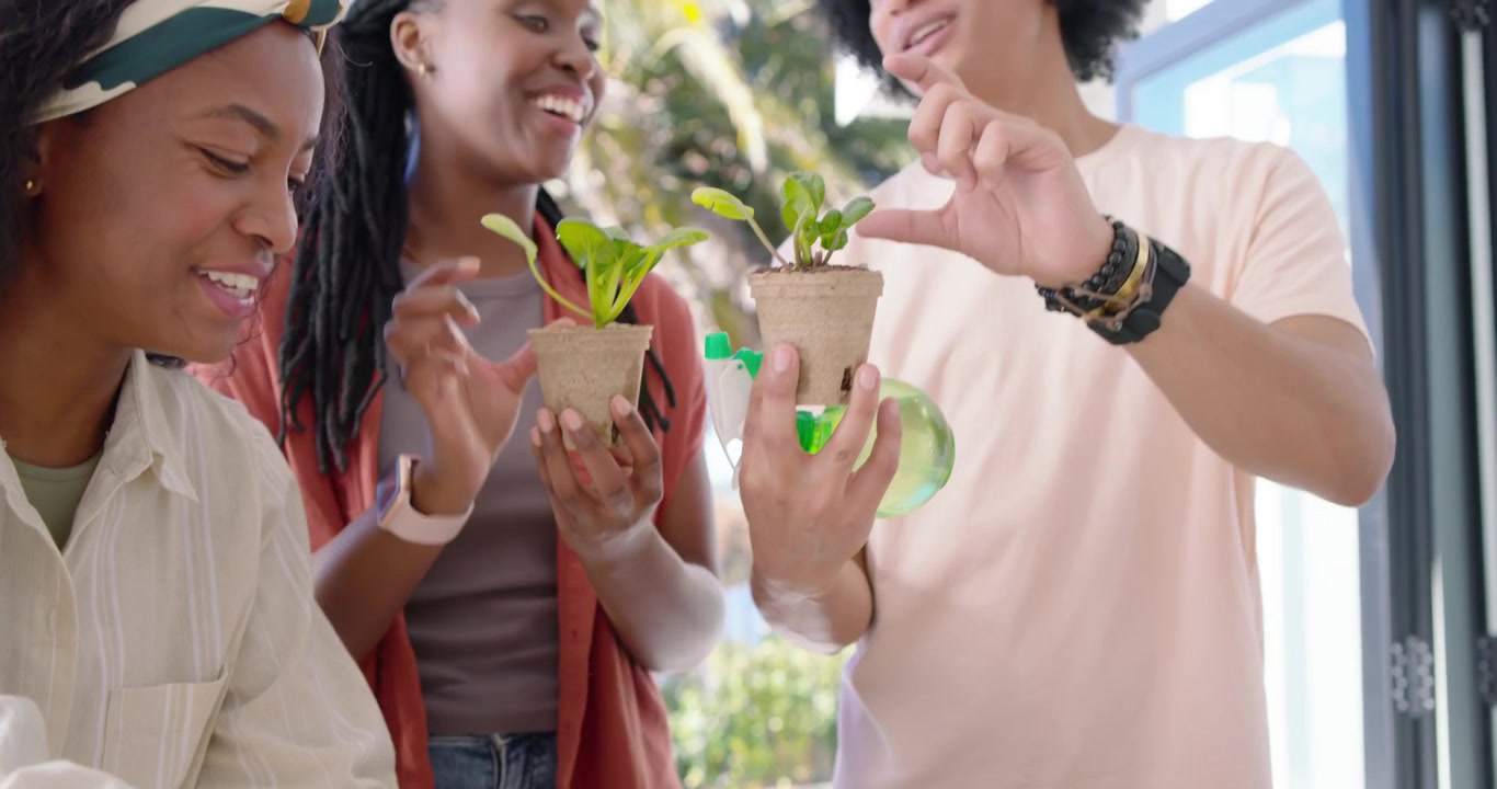 African American friends scooping soil from clay pot, potting seedlings and misting trays on patio