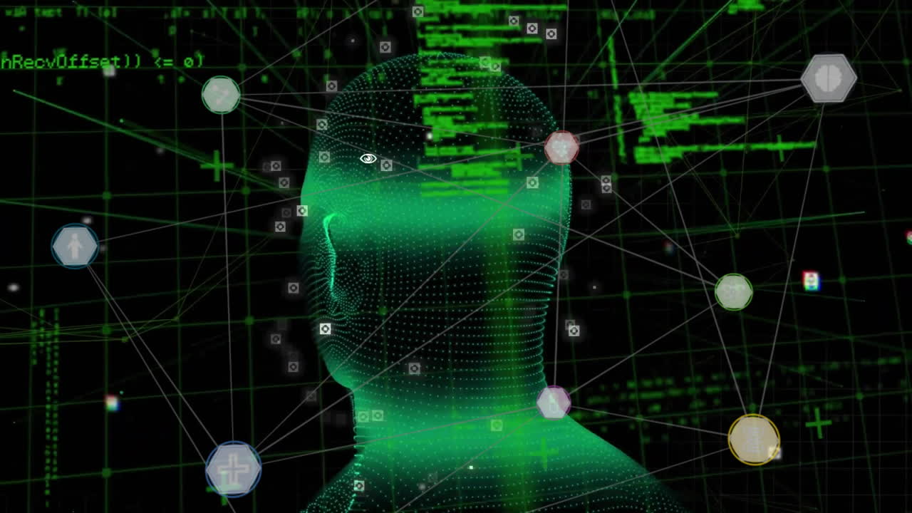animación de la red de conexiones y procesamiento de datos sobre la cabeza humana brillante