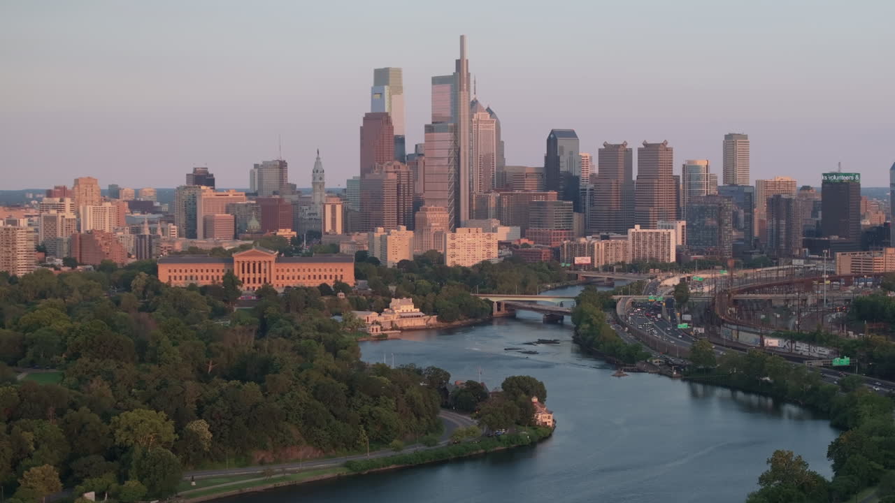 Aerial view of Philadelphia at sunset. Shot above the Schuylkill River and Fairmount Park