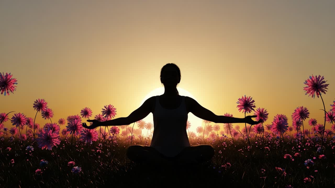 Sakin Bir Yolculuk: Batan Güneşin Altın Işıklarıyla Aydınlanan, Canlı Çiçeklerle Çevrili Meditatif Bir Figürle Zen'i ve Doğa Bağlantısını Kucaklamak