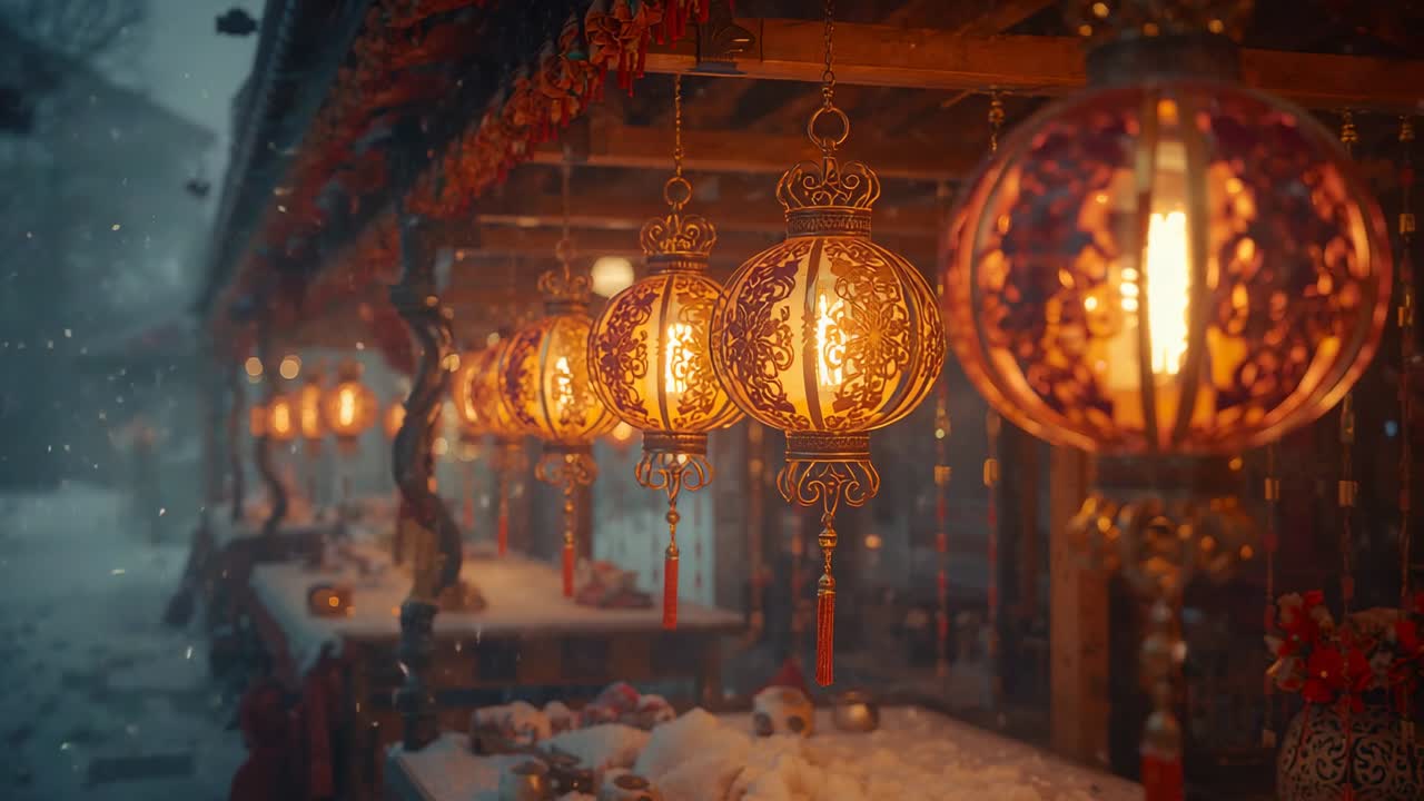 Camera moving in snowy corridor after dolly push, capturing ornate lanterns swaying