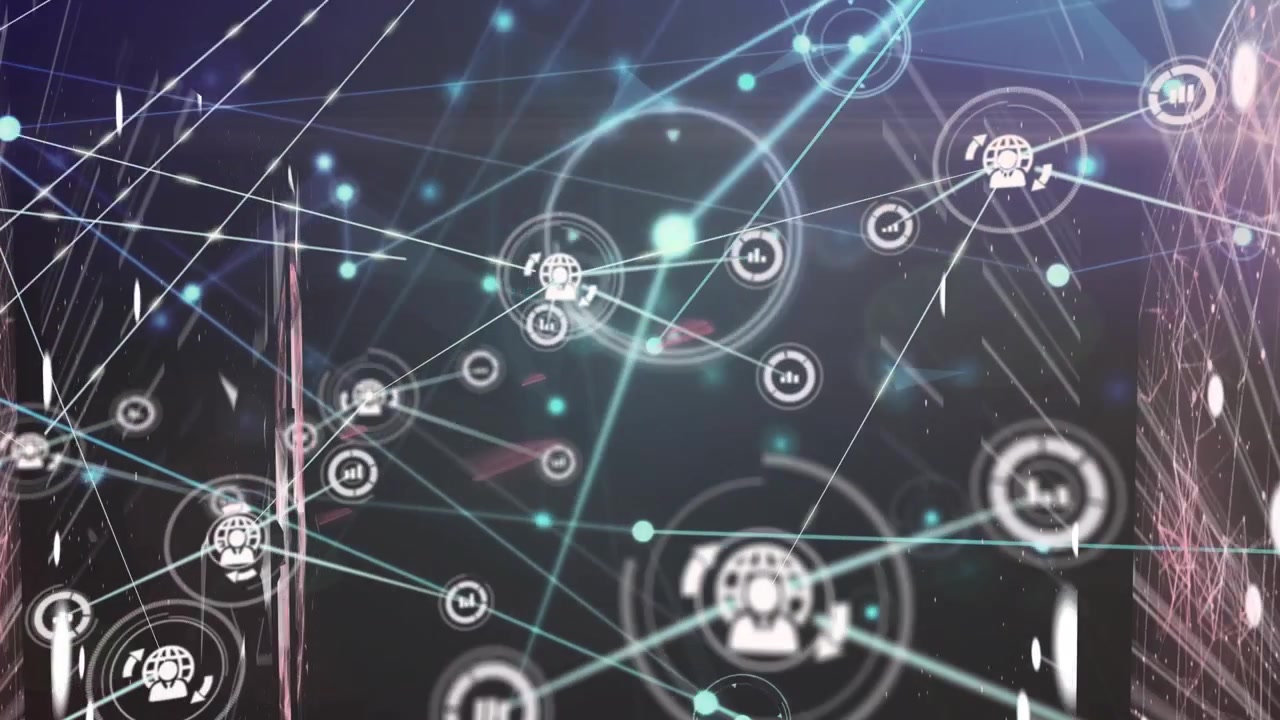 Animation of network of connections with various icons over futuristic interface