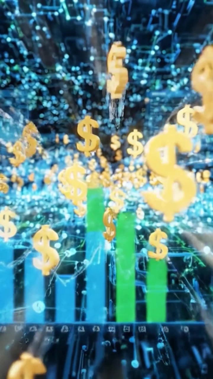 Una Visualizzazione Dinamica della Crescita Finanziaria con Simboli di Valuta, Connessioni Dati e Tendenze di Mercato Rappresentate Attraverso un Vibrante Paesaggio Digitale