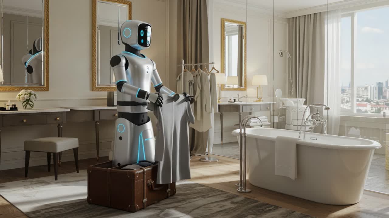 A futuristic robot assists in a luxurious hotel bathroom, showcasing its unique capabilities in garment handling and enhancing the guest experience with style and technology