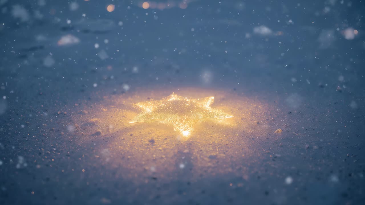 Glowing star emitting halo and illuminating snowy ground at dusk, falling flakes revealing glitter