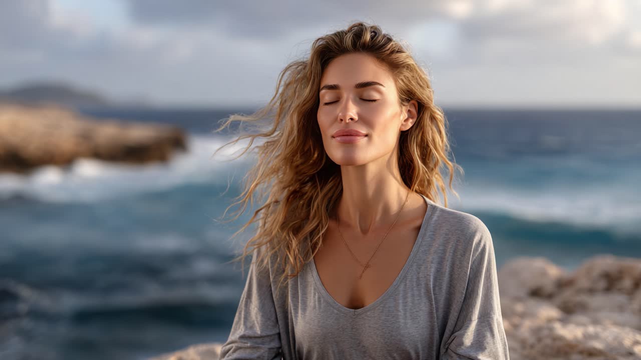 Un momento di calma in riva al mare: una donna si abbandona alla serenità ad occhi chiusi tra le onde e lo splendido paesaggio costiero