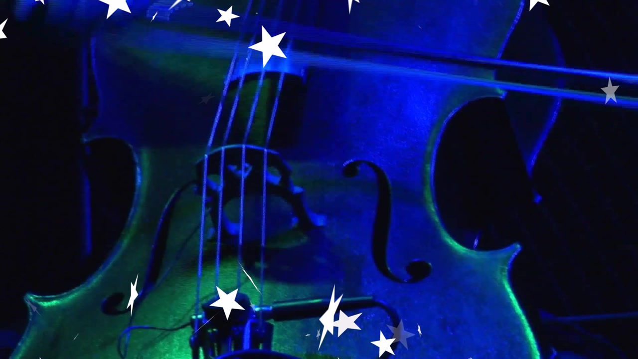 Starting with purple-lit cello body, stars drifting, hues shifting red, bow gliding revealing music
