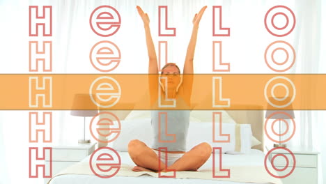 animation of hello text in repetition with orange stripe over woman practicing yoga