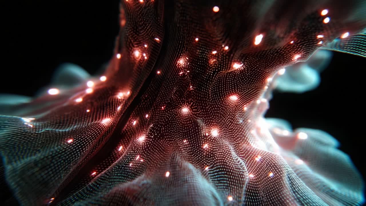 A mesmerizing close-up of a glowing, ethereal fabric that showcases intricate patterns and lights, creating a stunning visual experience that captivates the viewer's attention