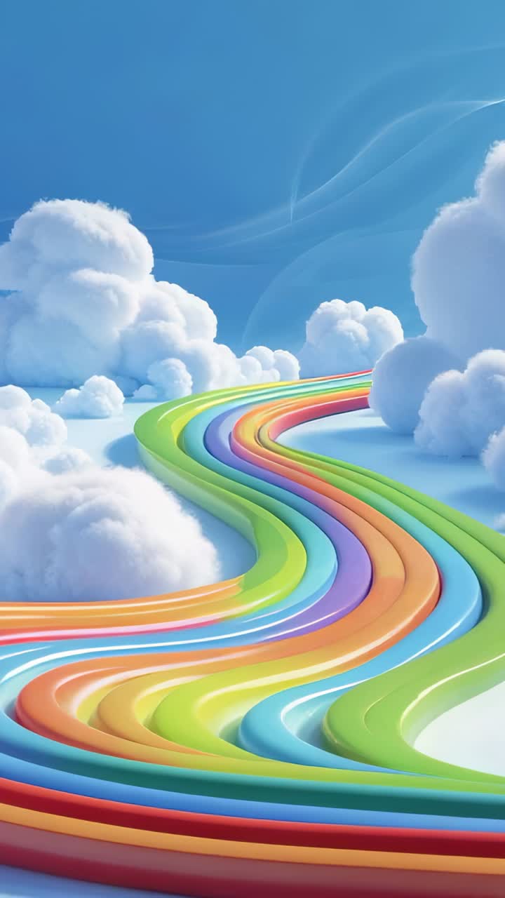 Vertical video: On sequence start camera gliding along rainbow track above clouds, showing horizon
