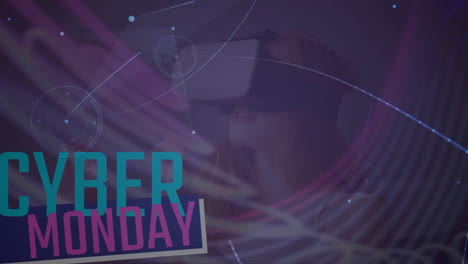 animation of cyber monady text over girl wearing vr headsets