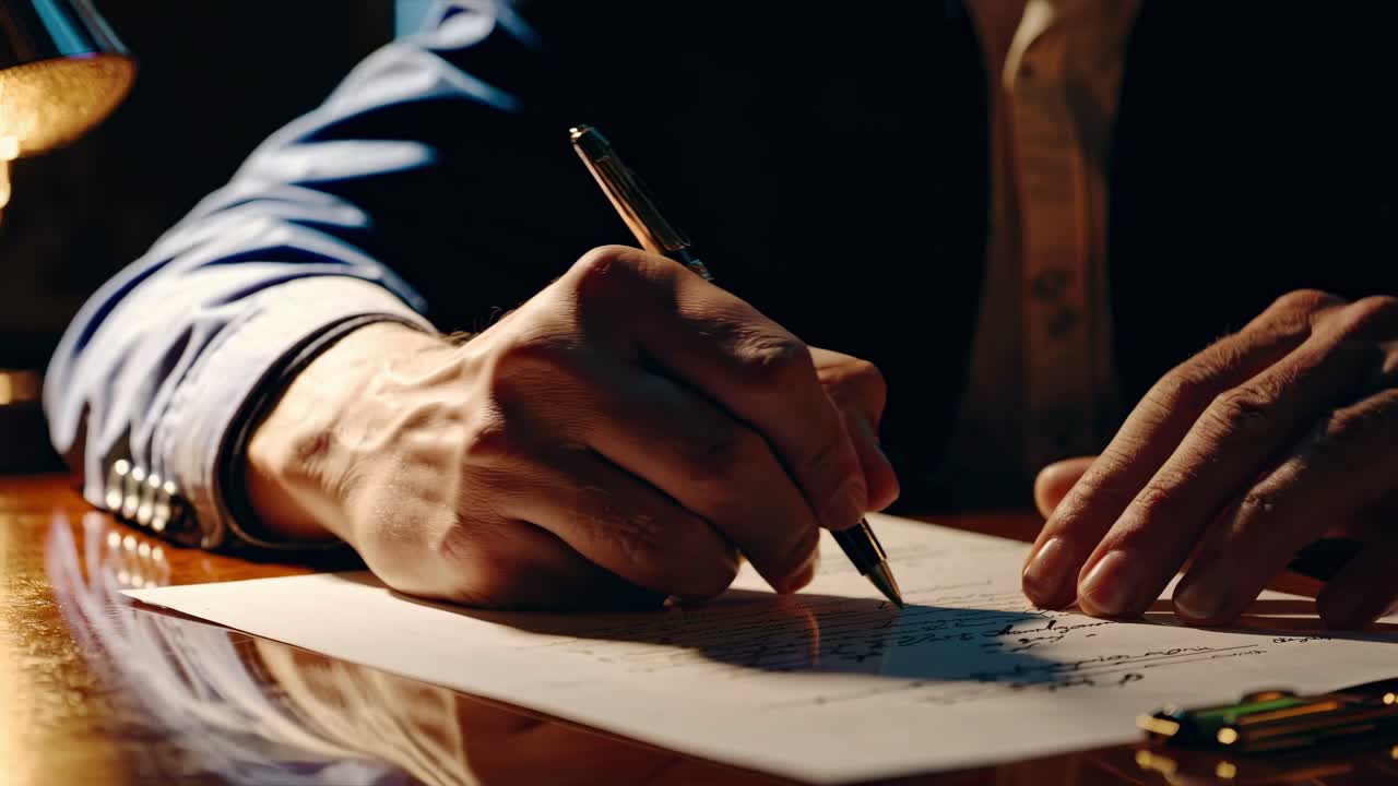 Close-up video shot of hands writing on paper in warm lighting, capturing the texture and focus