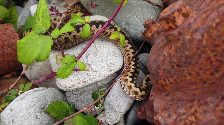 Vipera comune in movimento dopo essersi crogiolata al sole per riscaldarsi e potersi muovere più rapidamente, trovata vicino a una spiaggia nel Galles del Nord, Regno Unito