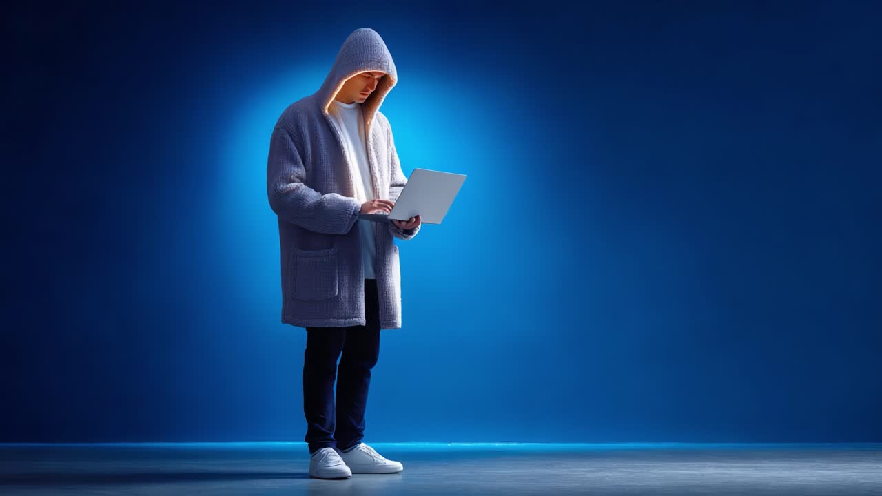 A solitary figure in a cozy hoodie, deeply focused while using a laptop, stands against a tranquil blue background, creating an atmosphere of concentration and tranquility