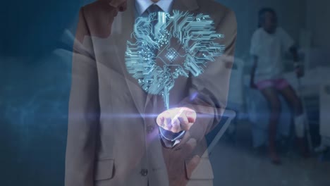 animación de hombre de negocios caucásico y cerebro con placa de circuito de computadora sobre diversos médicos