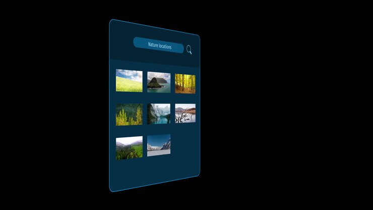 Animation of interface with nature locations text and landscapes on black background