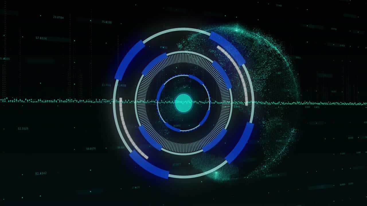 animación de un escáner redondo de neón que gira sobre el globo contra un fondo negro.