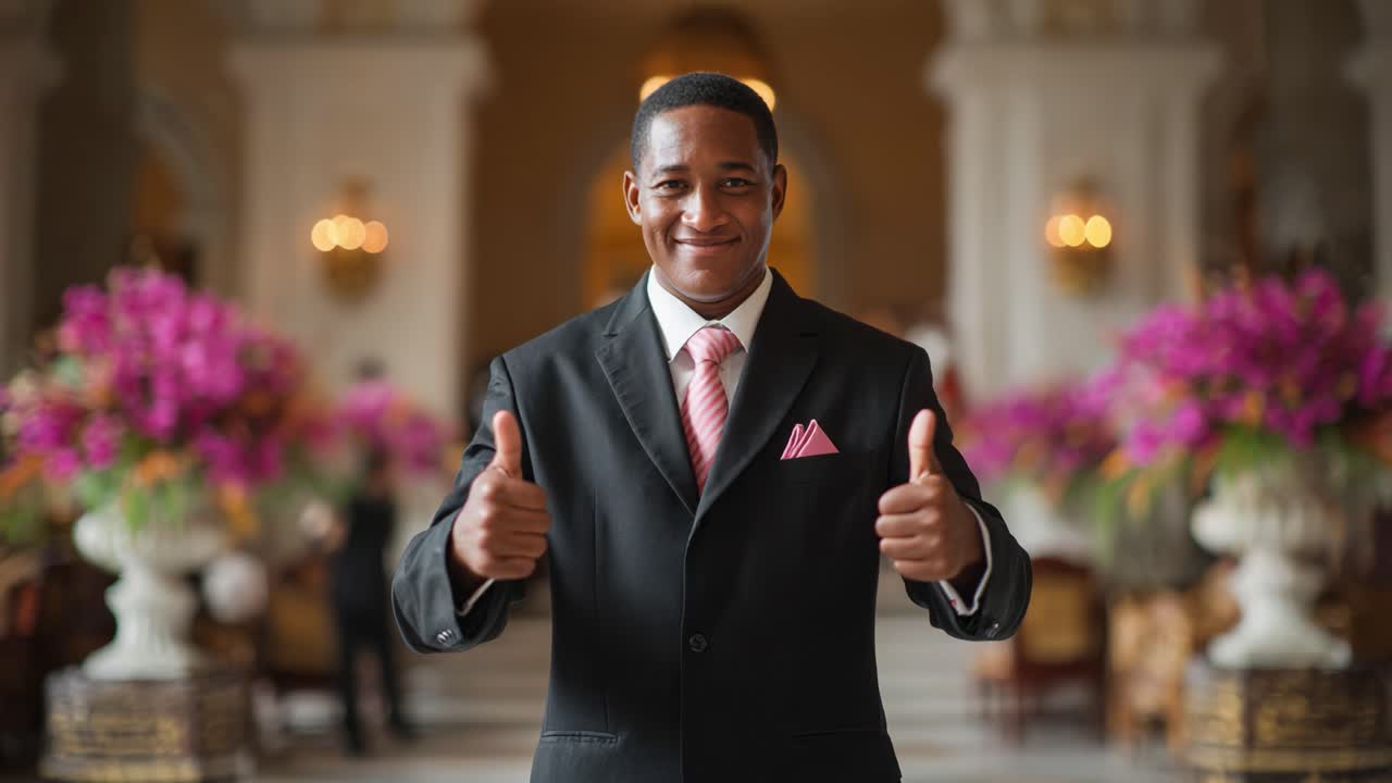 A Confident Individual in Formal Attire Gives Thumbs Up in an Elegant Setting Full of Floral Arrangements