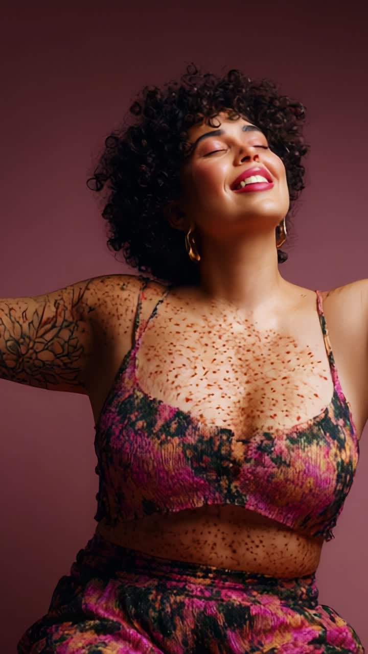 Body Positivity und Selbstliebe feiern: Ein fröhliches Porträt einer kurvigen Frau, die ihre Schönheit und ihr Selbstbewusstsein vor einem farbenfrohen Hintergrund zum Ausdruck bringt