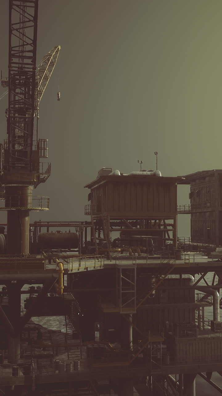 Olieplatform rejser sig højt mod horisonten i en diset atmosfære
