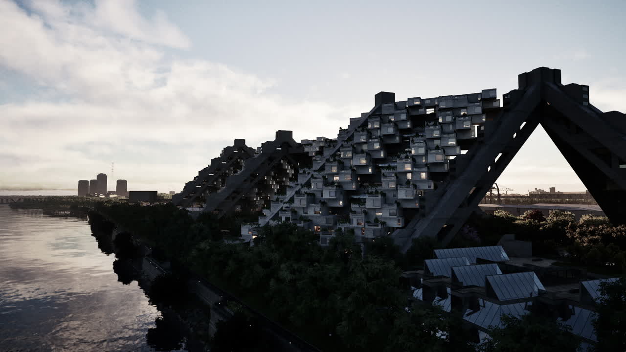 Modern architectural buildings along the river with a city skyline backdrop