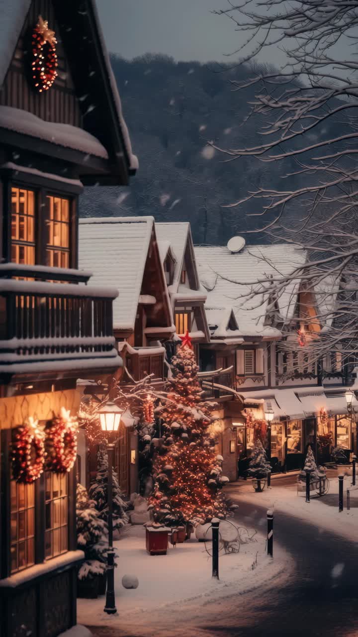 Charming winter village scene captured from a high angle, showcasing snow-covered rooftops